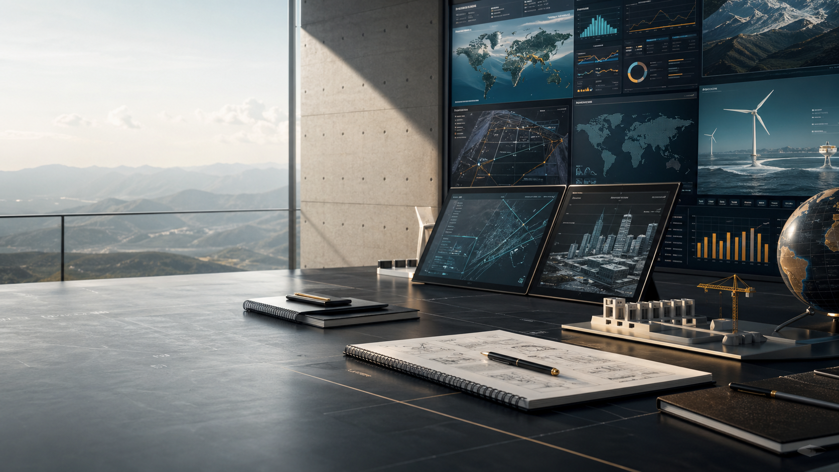 Modern product strategy workspace with dashboards and planning artifacts